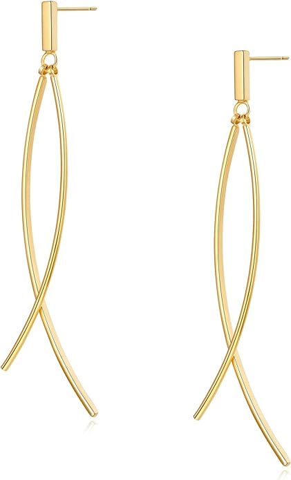 CLASSYZINT Long Dangle Earrings For Women,2 Pieces Thin Curved Metal Bar And One Short Bar With A... | Amazon (US)