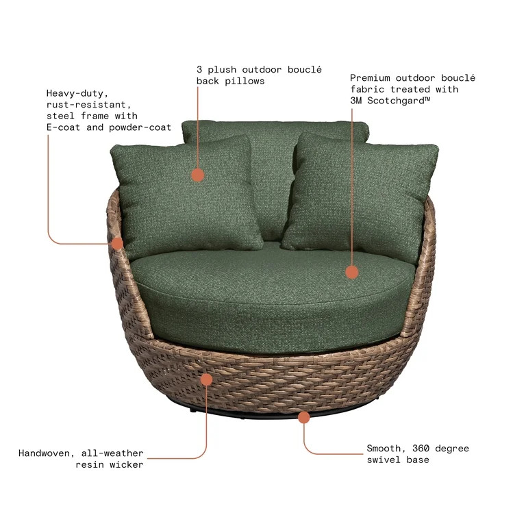 Beautiful Wicker Outdoor Swivel Chair with Boucle Cushions & Cover by Drew Barrymore, Brown/Thyme | Walmart (US)