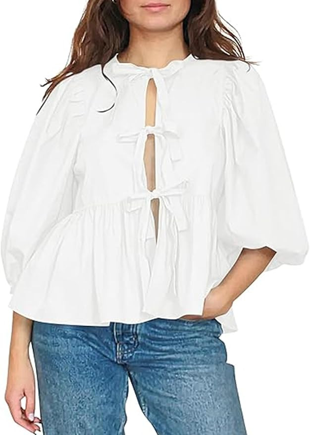 Yimoon Women's Y2K Puff Short Sleeve Peplum Shirt Tie Front Ruffle Hem Babydoll Blouse Cute Teen ... | Amazon (US)