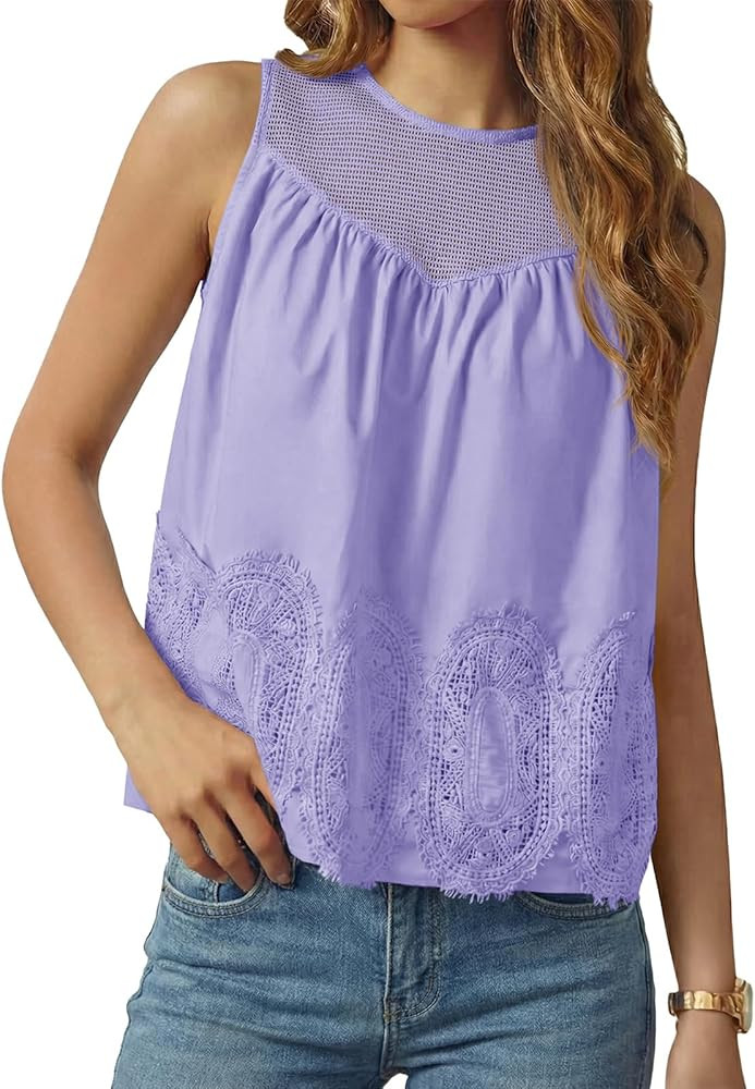 Tankaneo Womens Lace Tank Tops Summer Casual Mesh Loose Fit Sleeveless Blouses Pleated Crew Neck ... | Amazon (US)