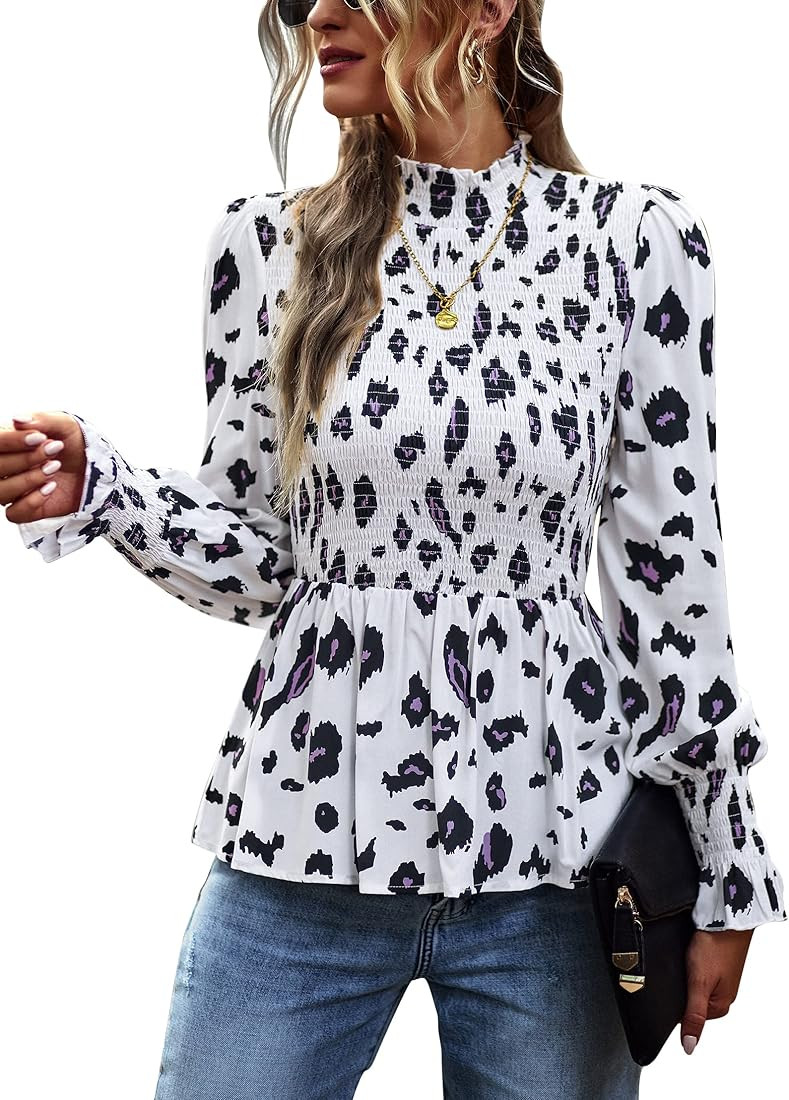 KAYWIDE Women's Tops High Neck Boho Floral Print Smocked Blouses Casual Ruffle Long Sleeve Shirred S | Amazon (US)