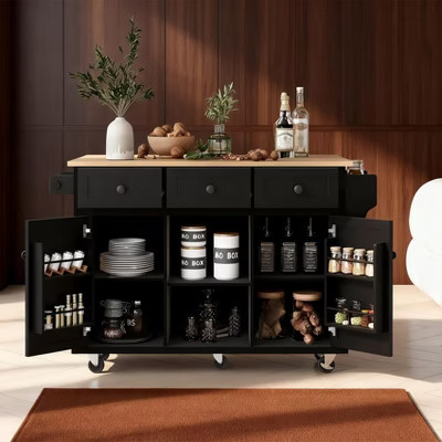 Kitchen Cart with Rubberwood Drop-Leaf Countertop, Rolling Kitchen Island with Storage Cabinet, Internal Door Racks & 3 Drawers, Black | Target