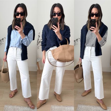 J.crew slim wide white jeans. Love these!!! How to wear white jeans  

Left to Right:

Everlane shirt 2
J.Crew sweater xs
J.Crew jeans petite 24
Patricia Green sandals 36
Celine sunglasses

J.Crew sweater xs
J.Crew jeans petite 24
J.Crew loafers 5 (old)
Mansur Gavriel tote. Color is old
Celine sunglasses

AYR tee xs (old)
J.Crew sweater xs
J.Crew jeans petite 24
Sam Edelman flats 5
Mansur Gavriel tote. Color is old
Celine sunglasses

#LTKitbag #LTKshoecrush