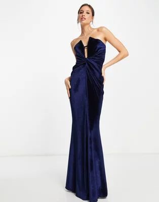ASOS DESIGN front knot plunge v wire velvet maxi dress in midnight blue | ASOS (Global)