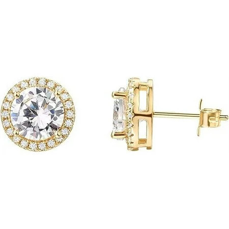PAVOI 14K Gold Plated Sterling Silver Post Brilliant Round Faux Diamond Halo Earrings - Premium Cubic Zirconia in Yellow Gold | Walmart (US)