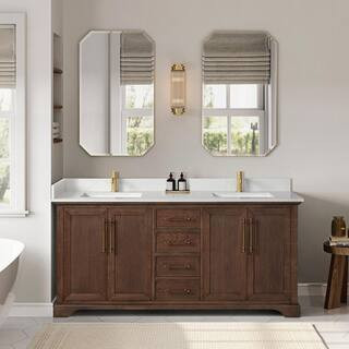 Tokyo 72 in. W. x 22 in. D x 33.9 in. H Double Bath Vanity in Aged Dark Brown Oak with Silk White... | The Home Depot