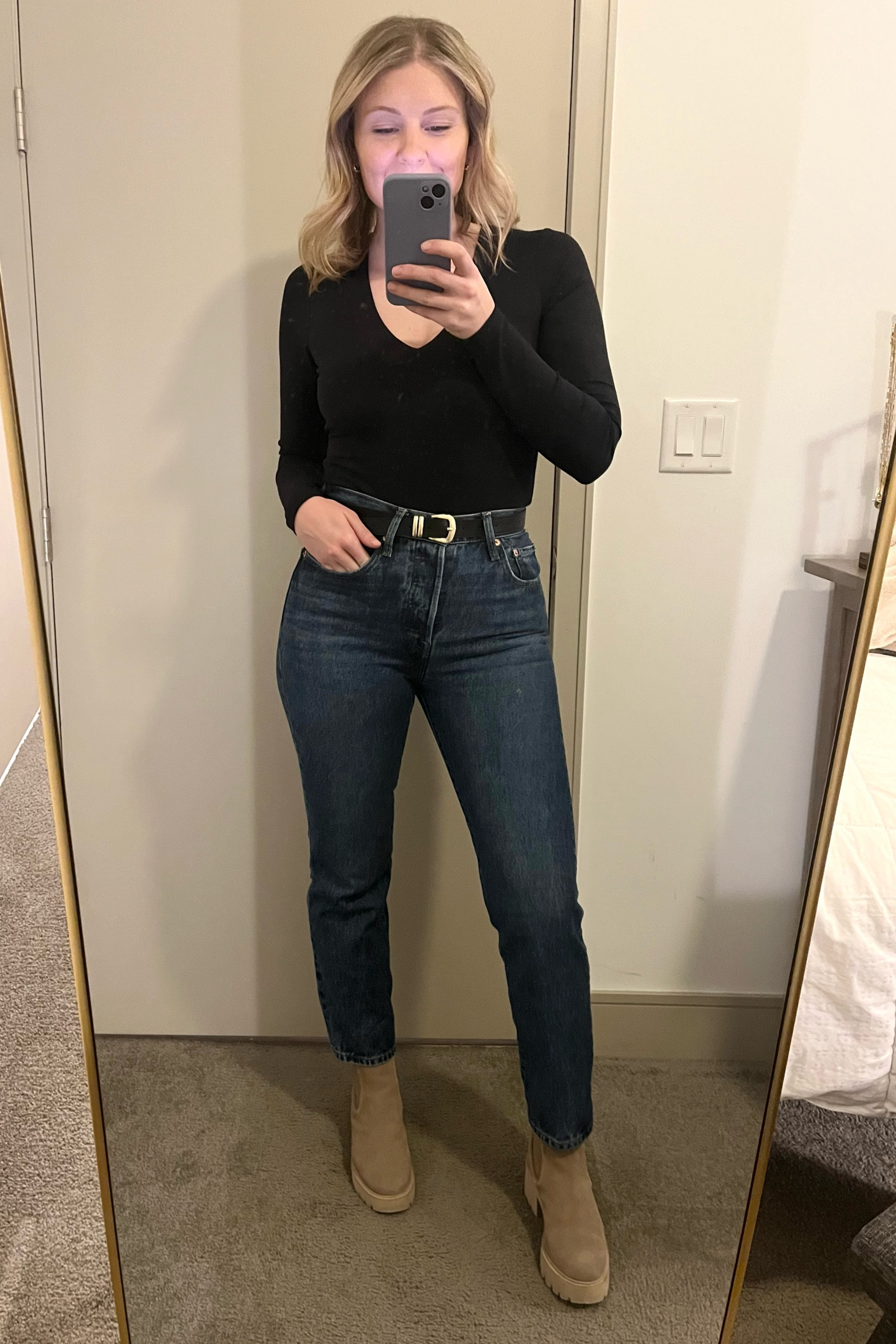 Casual winter date night outfit! Wearing Abercrombie body suit (s),  Levi’s jeans (27), and Dolce Vita boots (tts). 

#LTKunder100 #LTKshoecrush #LTKSeasonal