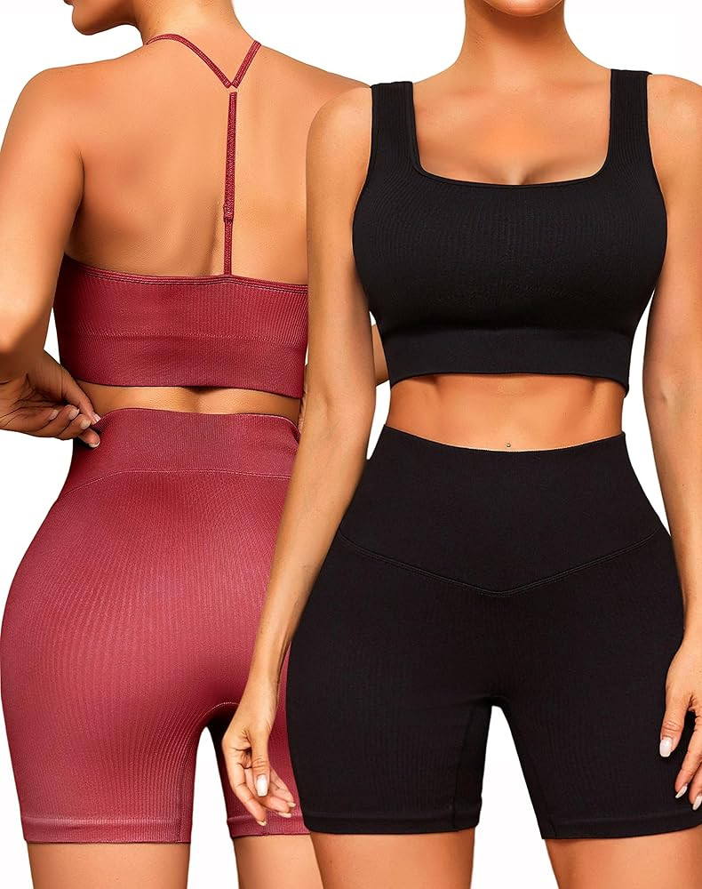 FINETOO Workout Outfits Sets for Women 4 piece Seamless Backless Tank Sport Bra High Waist Short ... | Amazon (US)