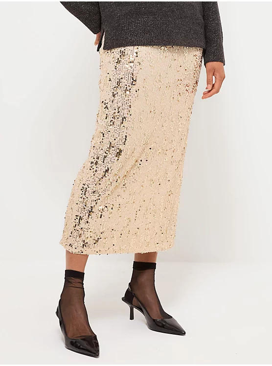 Gold Sequin Embellished Column Midi Skirt | George