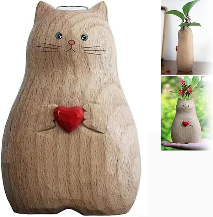 Handmade Wooden Cat Vase, Solid Wood Cat Statue Vase，Modern Shelf Decor Accents，Cute Cat Deco... | Amazon (US)