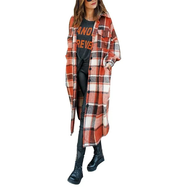 Female Overcoat, Plaid Turn-Down Collar Long Sleeve Woolen Coat for Women - Walmart.com | Walmart (US)