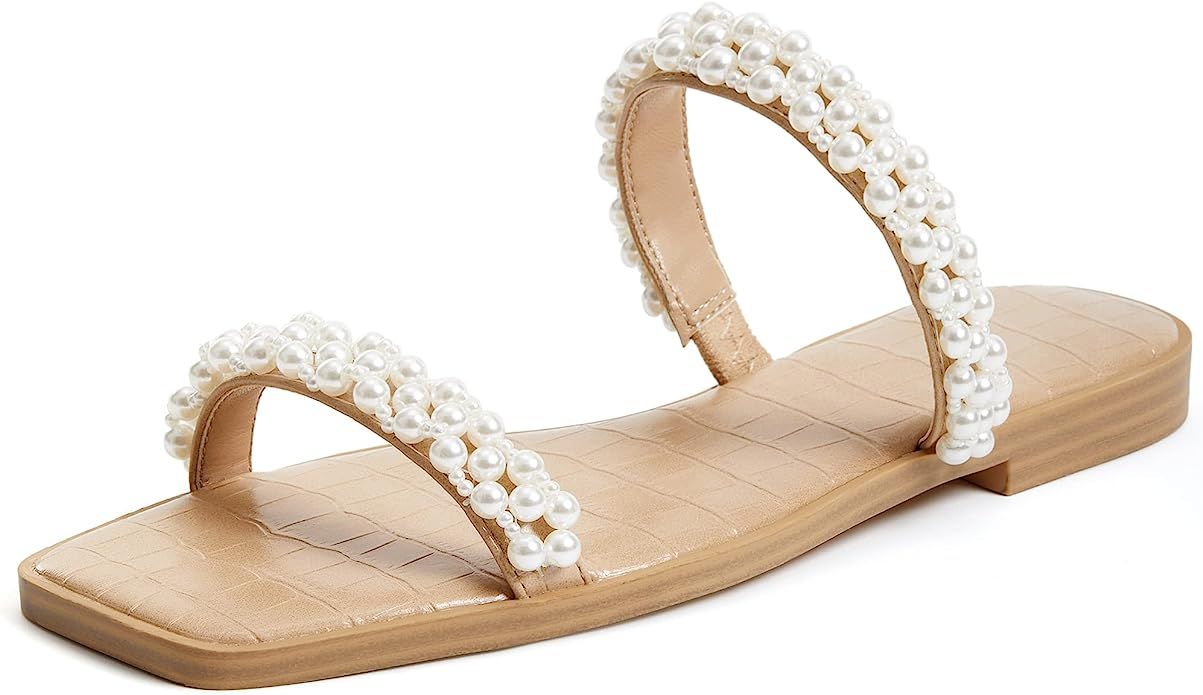 Coutgo Womens Flat Sandals Square Open Toe Pearl Two Strap Slip On Beach Slide Dressy Sandal | Amazon (US)