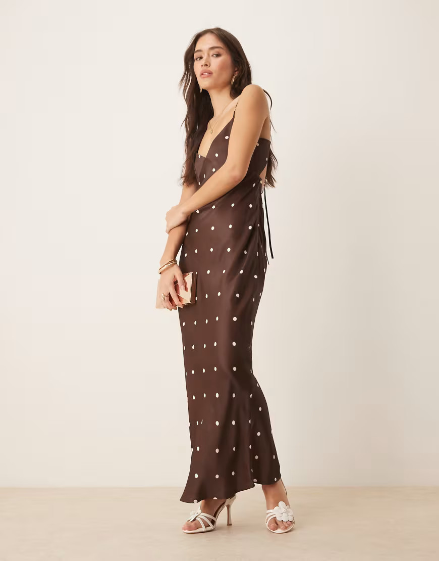 ASOS DESIGN satin tie back maxi dress in chocolate polka dot-Brown | ASOS (Global)