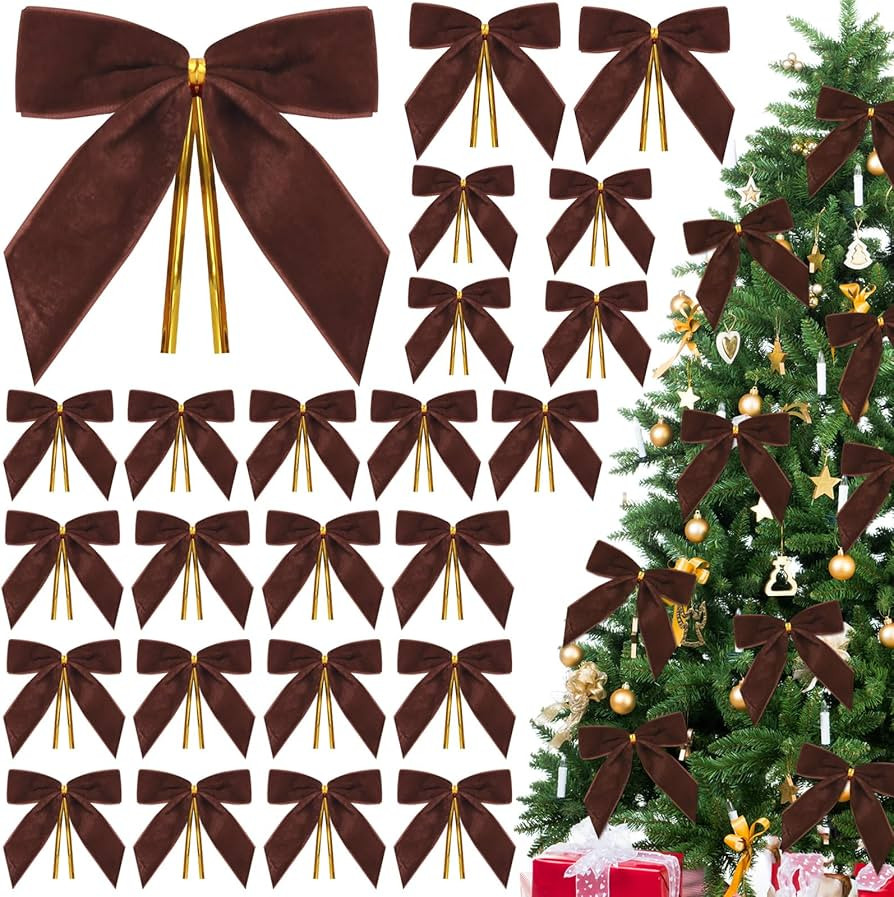 24 Pcs Brown Velvet Bows for Christmas Tree,Brown Bows Velvet Ornaments Christmas Tree Bow for Gi... | Amazon (US)