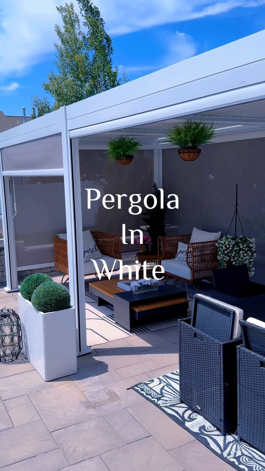 Pergola in white includes 6 shades led lights and louvered top with opening of remote or manual