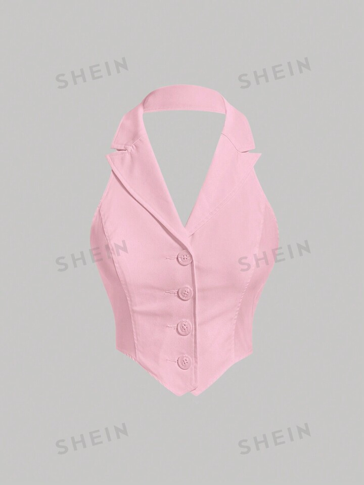 SHEIN MOD Solid Button Front Halter Top | SHEIN