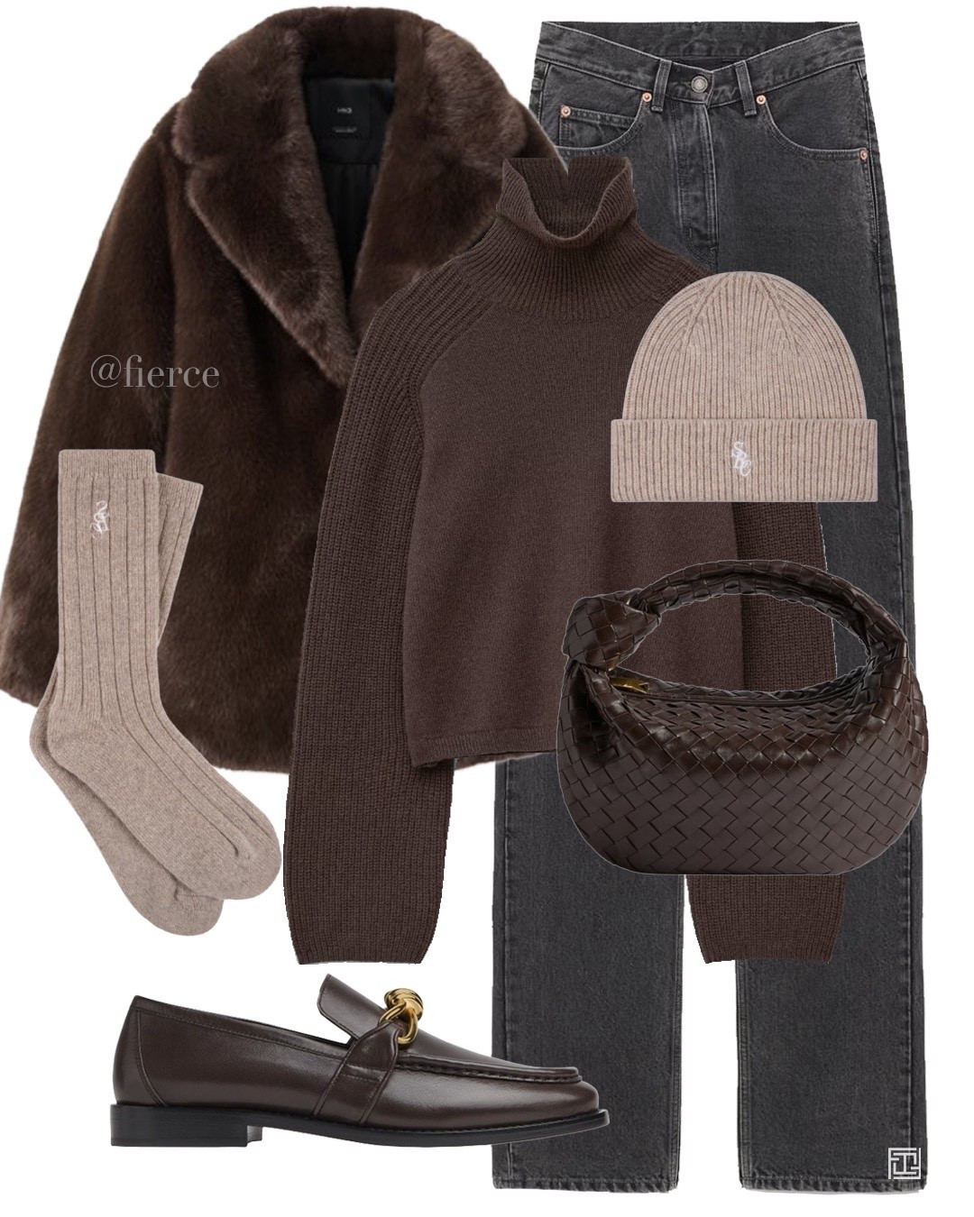 Brow faux fur coat grey jeans chocolate brown leather loafers chocolate woven bag casual chic outfit idea

#LTKuk #LTKeurope #LTKwinter