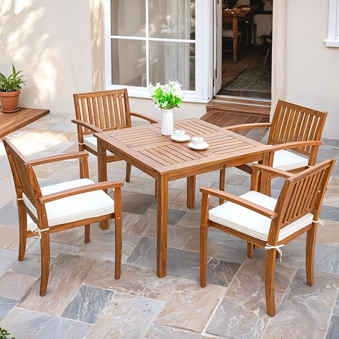 Flamaker 5 Piece Outdoor Dining Set Acacia Wood Patio Table and Chairs with Soft Cushions Patio F... | Amazon (US)