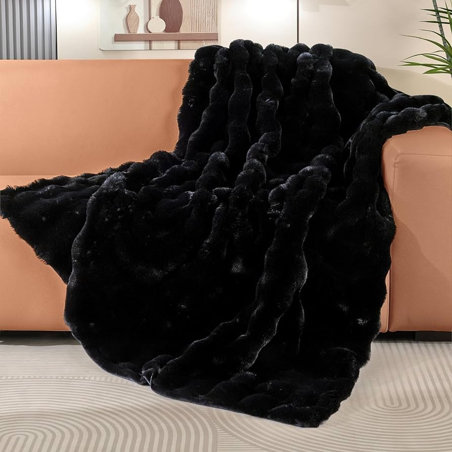 Black Fluffy Thick Fur Throw Blanket 50x60 for Bed Couch Office Chair Bunny Soft Blanket for Adul... | Amazon (US)