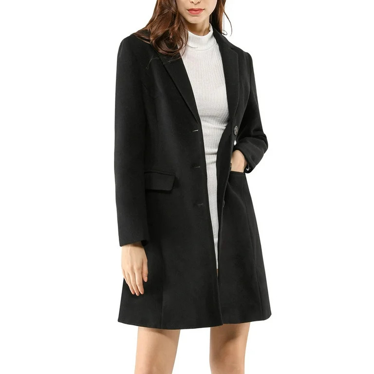 Allegra K Women's Notched Lapel Single Breasted Long Sleeves Winter Overcoat | Walmart (US)