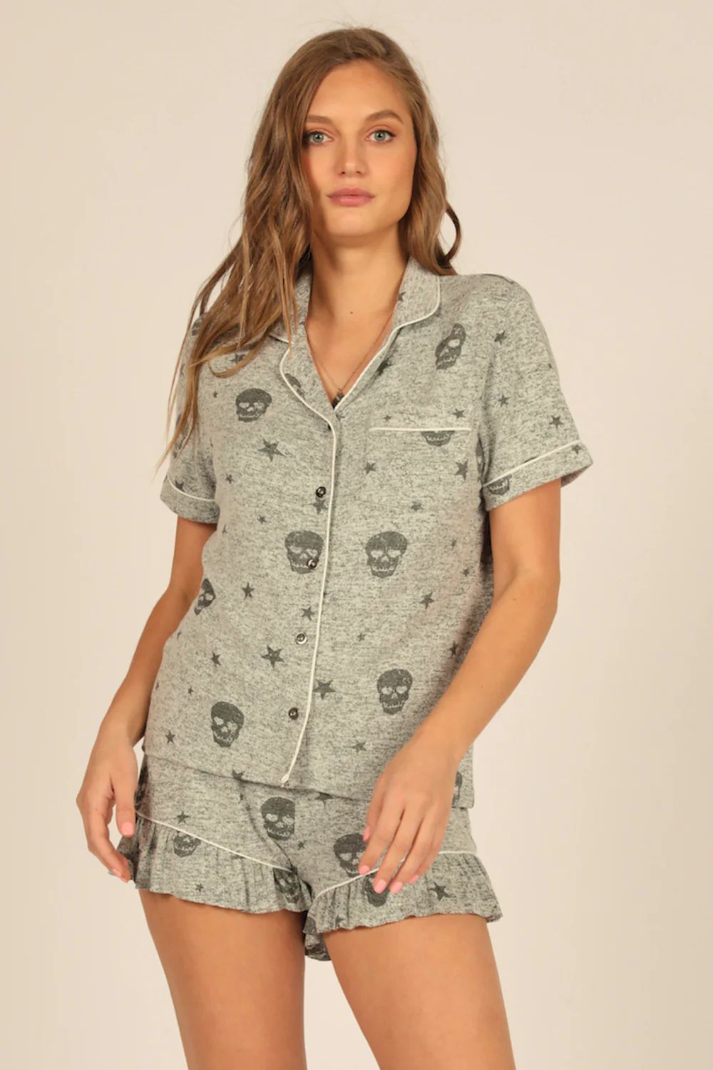 Heather Grey & Charcoal Print Skull Button Down Shirt | Vintage Havana