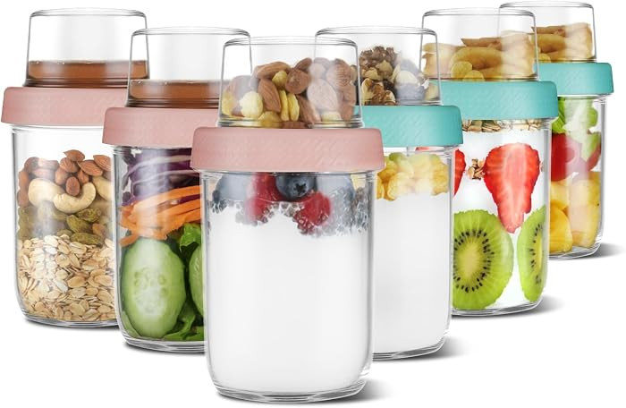4oz 16 oz Glass Overnight Oats Containers with Lids 6Pack, Yogurt Parfait Cups with Dry and Wet S... | Amazon (US)