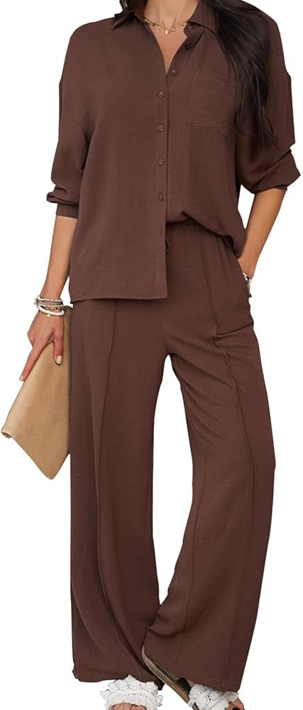 MINTLIMIT Women's 2 Piece Outfits Long Sleeve Button Down Shirt Wide Leg Pants Lounge Sets Spring... | Amazon (US)