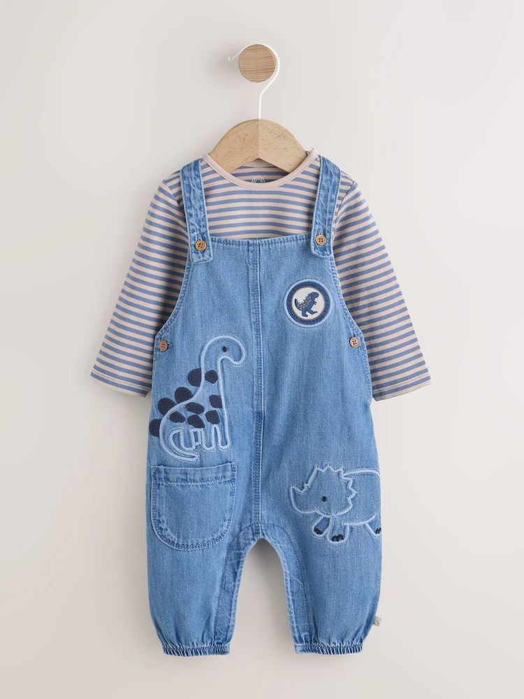 Blue Dinosaur Baby Denim Dungarees and Bodysuit Set (0mths-2yrs) | Next EU