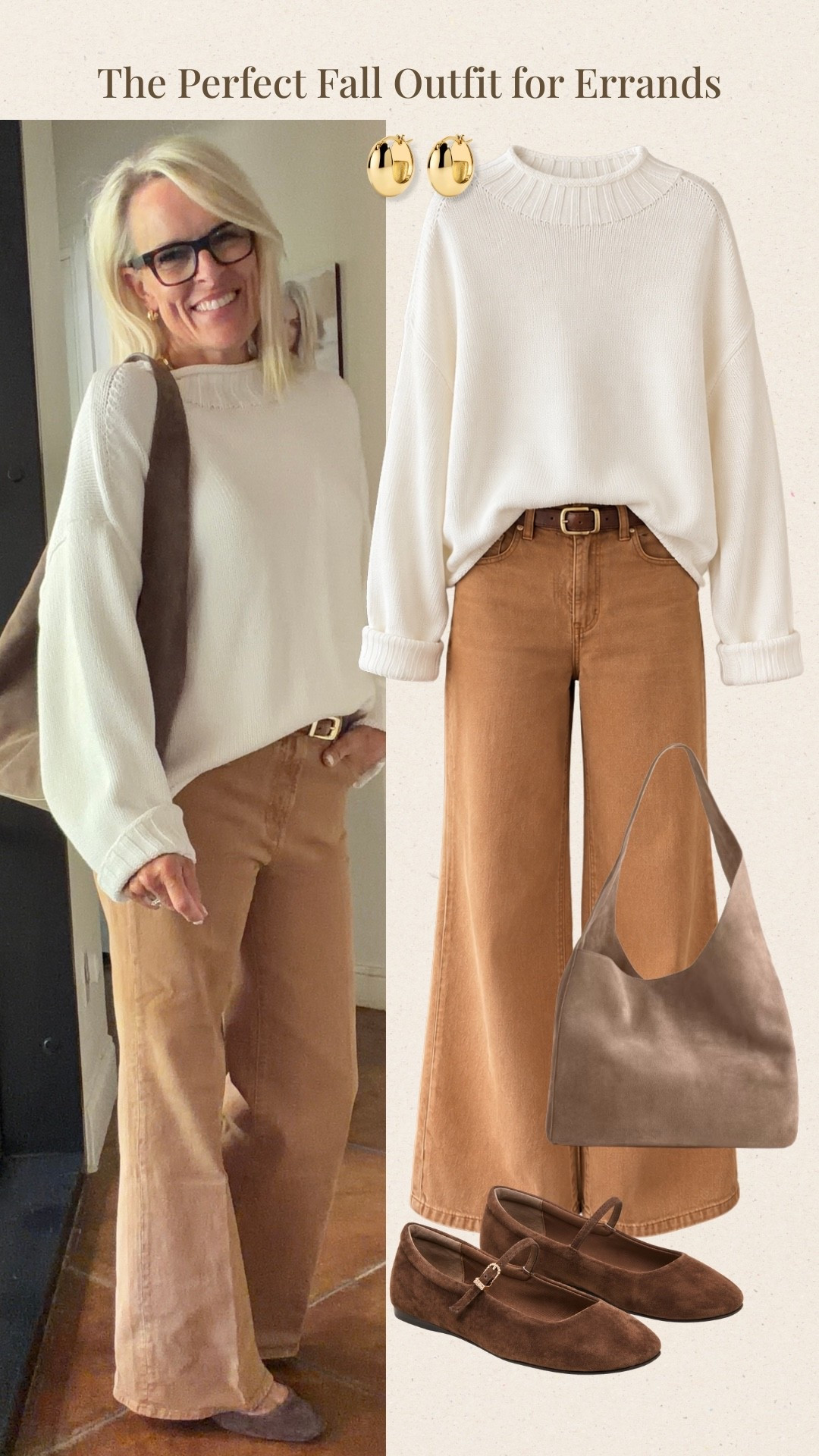 This cream sweater and camel wide-leg pant combination is such an easy fall uniform. I love how the warm neutrals, suede Mary Janes, and soft shoulder bag keep it polished while still feeling comfortable and practical for a day of errands.

#LTKOver40 #LTKootd #LTKSeasonal