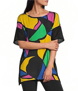 Eva Varro Knit Multi Color Abstract Geometric Print Boat Neck Dropped Shoulder Square Banded Tunic -  S | Dillard's