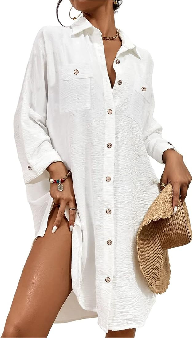 Bsubseach Womens Modern Swimsuit Cover Up Blouse Button Down Shirt Dresses Tops | Amazon (US)