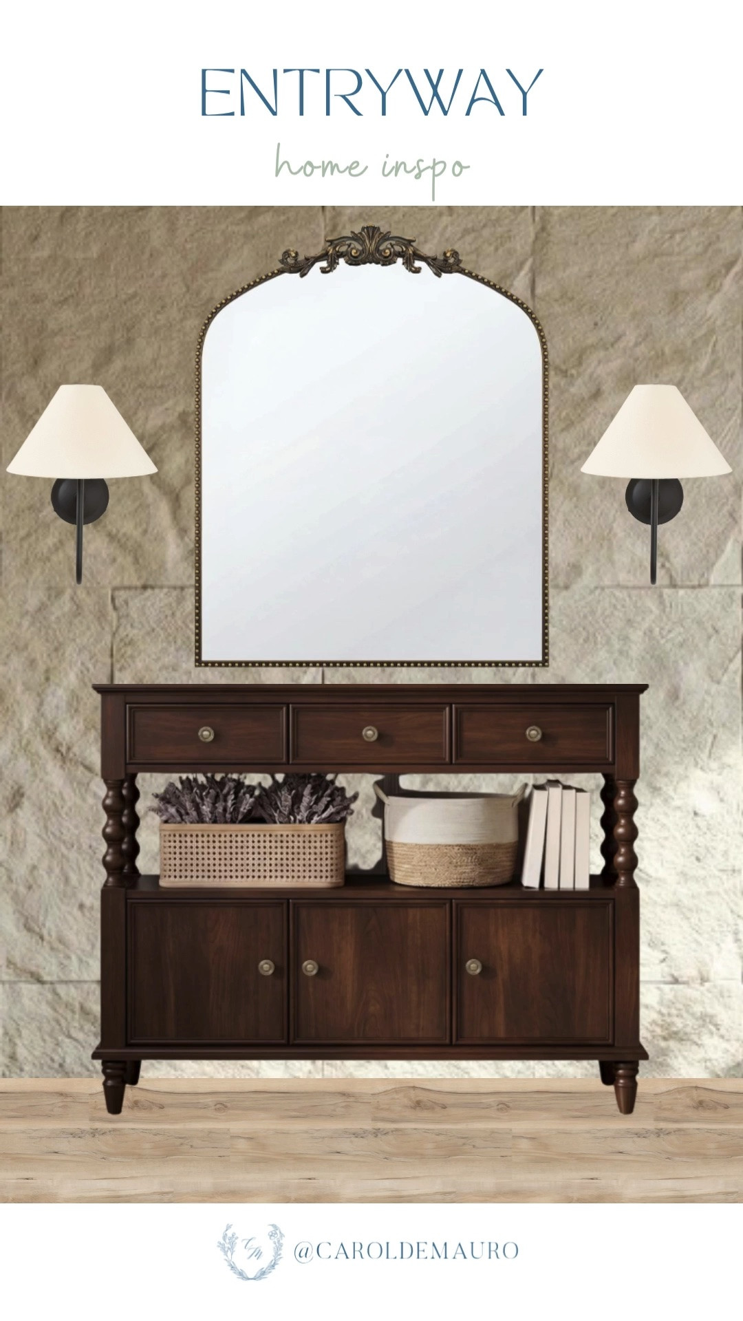 entryway styling, home inspo, arch mirrow, wall sconce console table, foyer decor, vintage aesthetic, neutral home, dark wood cabinet, interior design

#LTKHome
