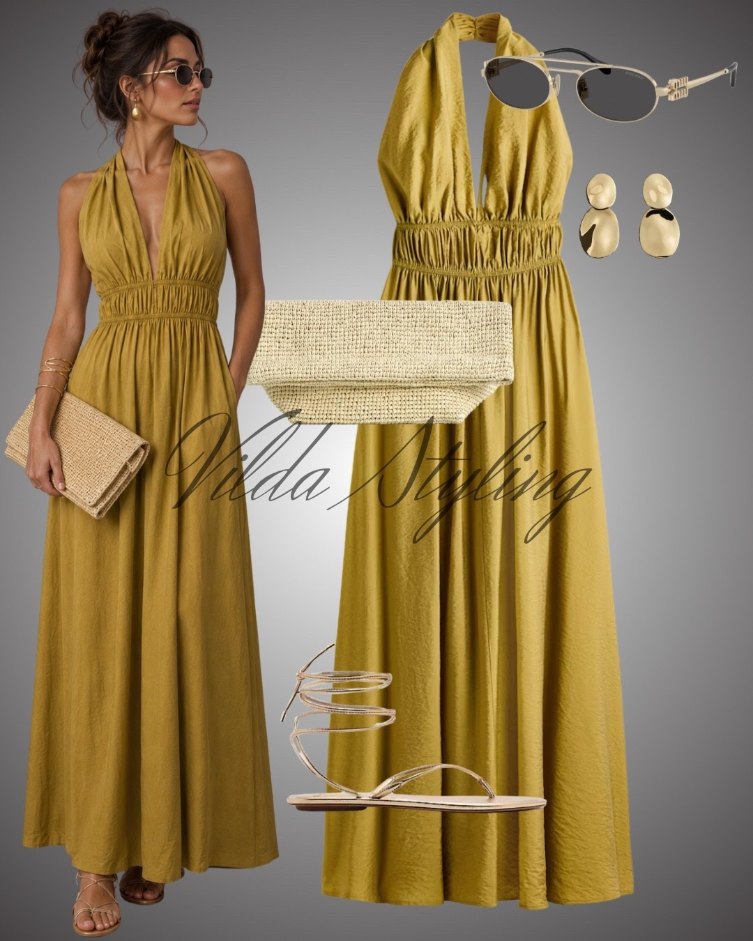 Elevate your summer evening look with the stunning pieces. A gorgeous ochre-toned halter maxi dress that makes a bold, sophisticated statement. with a textured straw clutch, metallic lace-up sandals, gold statement earrings, and sleek sunglasses for the perfect touch of glamour.
#LTKstyletip #summerglam #maxidressstyle #ochrestyles #eveningoutfit #LTKunder100 #summerfashion

#LTKsummer #LTKdresses #LTKpartywear