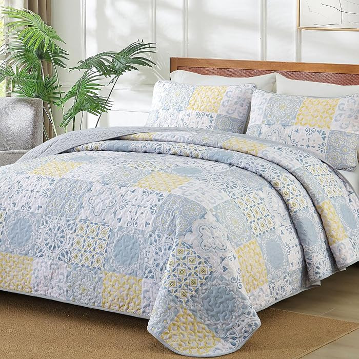 Dobuyly Queen Quilt Set 3 Pieces, Blue/Yellow/Grey Patchwork Bedspreads, Boho Summer Coverlet Set... | Amazon (US)