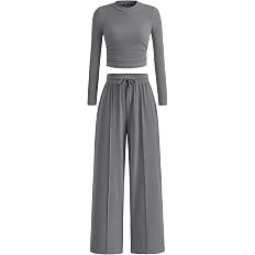 PRETTYGARDEN Women's 2 Piece Sets 2026 Fall Long Sleeve Crop Tops Wide Leg Pants Matching Outfit ... | Amazon (US)