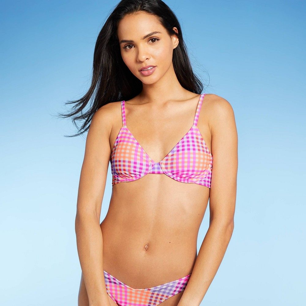 Juniors' Underwire Bikini Top - Xhilaration Multi Plaid Print L, Blue/Pink/pink | Target