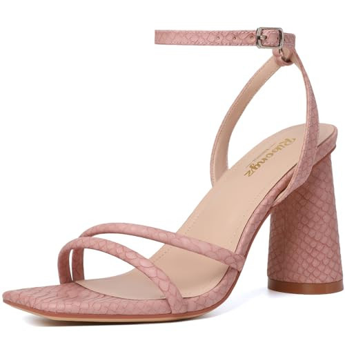 RIBONGZ Light Pink Strappy High Heels Block Heeled Sandals for Women Square Open Toe Ankle Strap Chunky Heels Wedding Party Bridal Dress Shoes 11 | Amazon (US)