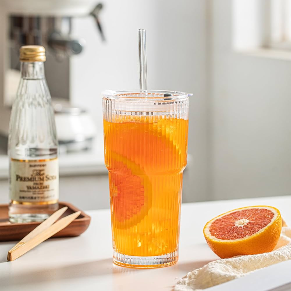 INSETLAN 20 oz Ribbed Glass Tumblers with Lids and Glass Straws – 2-Piece Glassware Set, Heavy-... | Amazon (US)