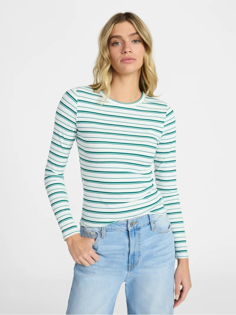 No Boundaries Ribbed Crewneck Tee with Long Sleeves, Women's XXS-XXL | Walmart (US)