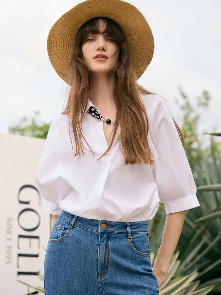 Puff Sleeves V-Neck Women Shirt With Silk Scarf | GOELIA