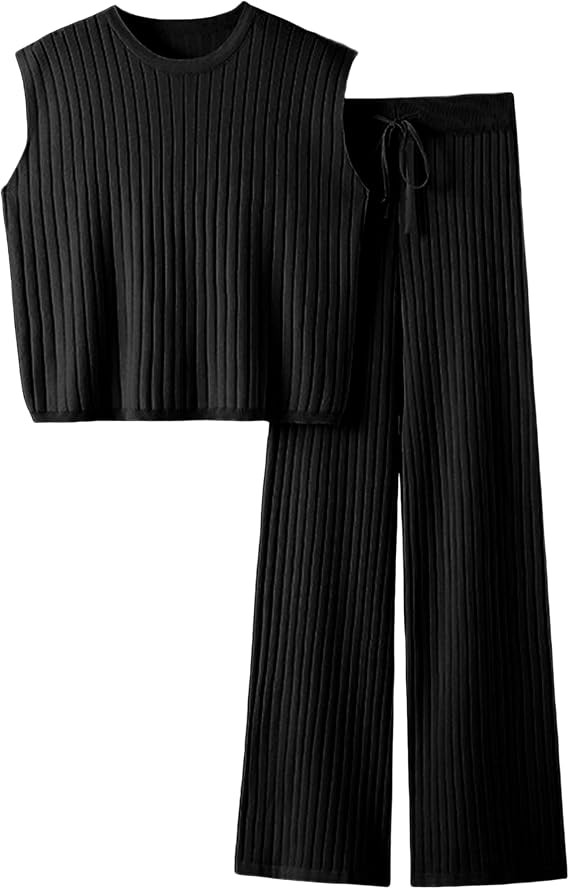 Womens 2 Piece Outfits Sweater Set Sleeveless Knit Pullover Top High Waisted Pants Tracksuits | Amazon (US)