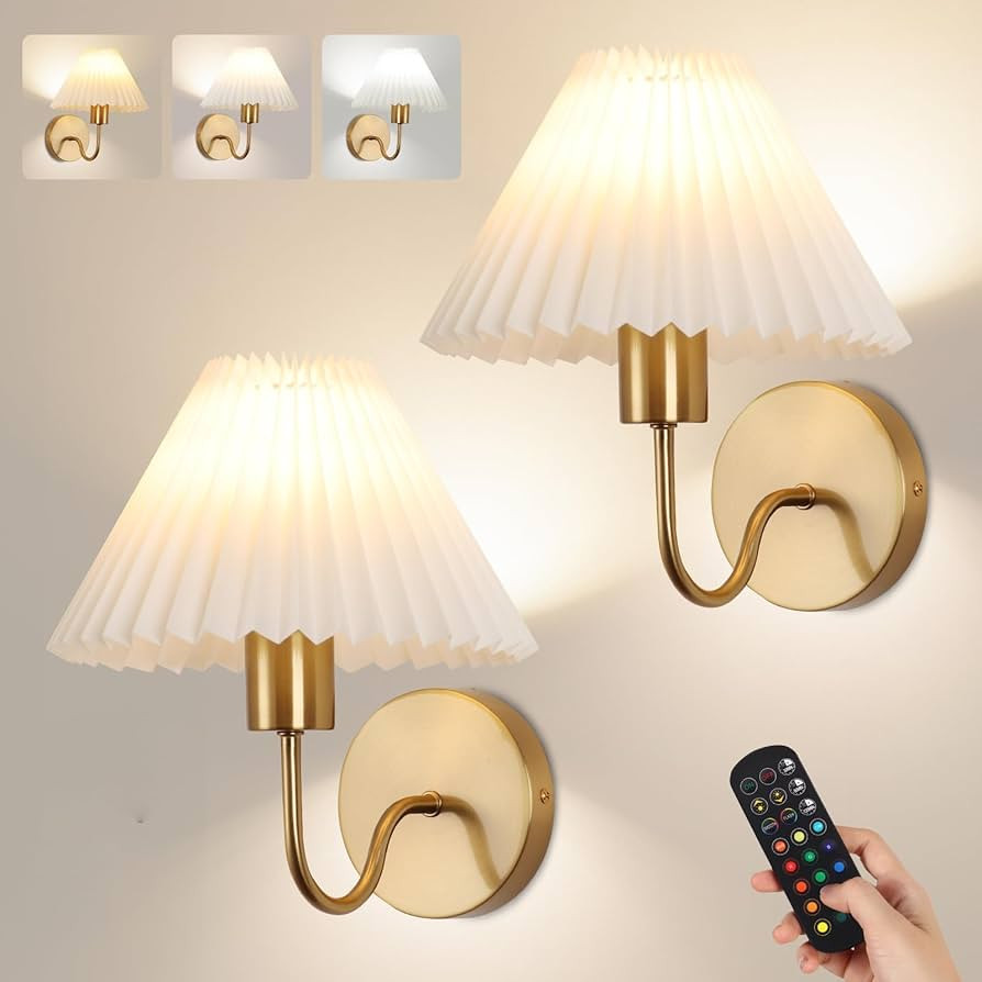Wireless Wall Sconce Sets of 2, Pleated Shades Rechargeable Battery Operated Wall Sconce, Retro g... | Amazon (US)