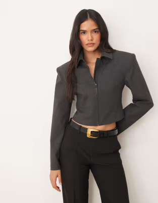 ASOS DESIGN tailored crop cinch zip through jacket in charcoal co ord | ASOS (Global)