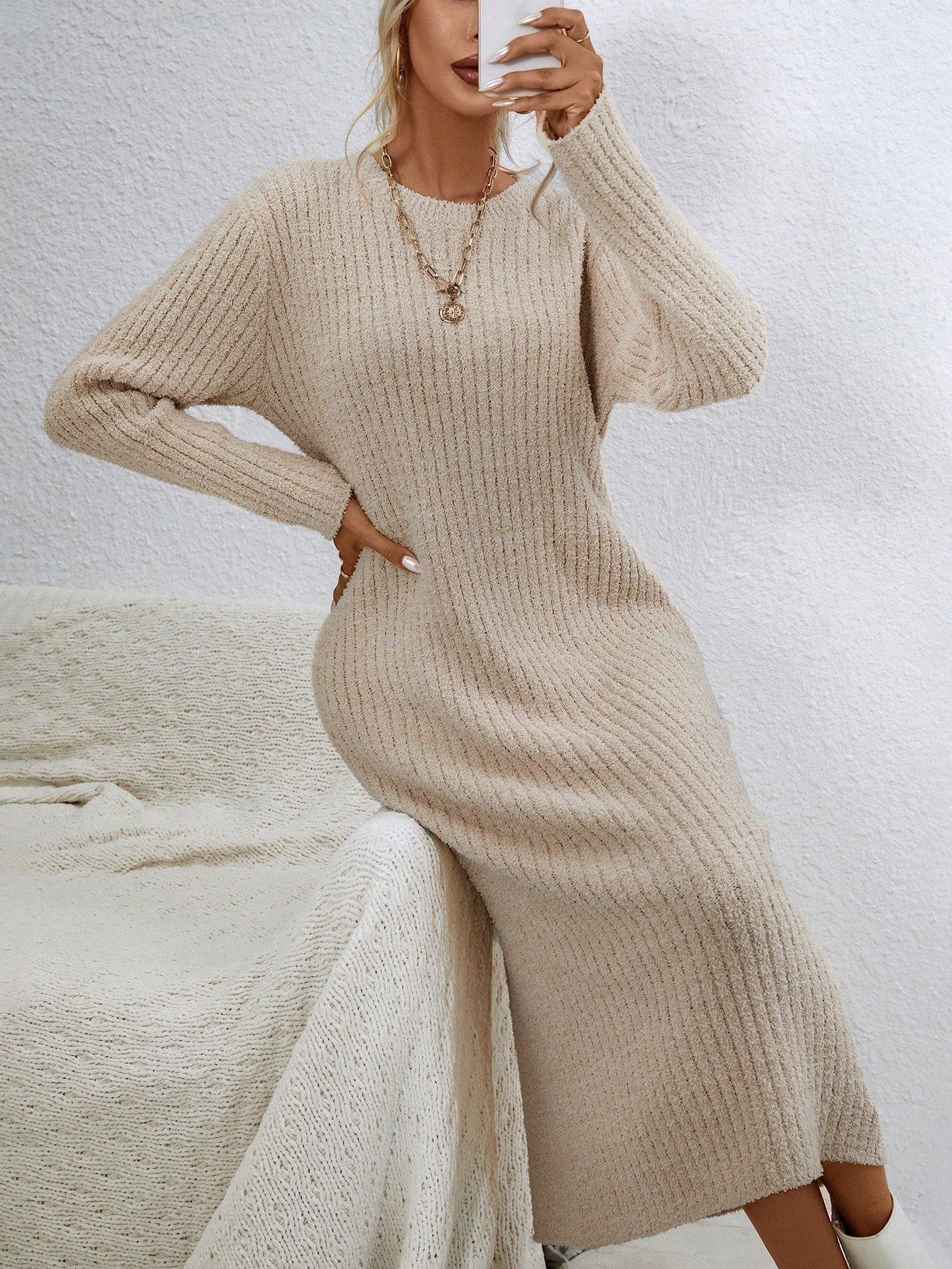 SHEIN Privé Solid Ribbed Knit Sweater Dress | SHEIN