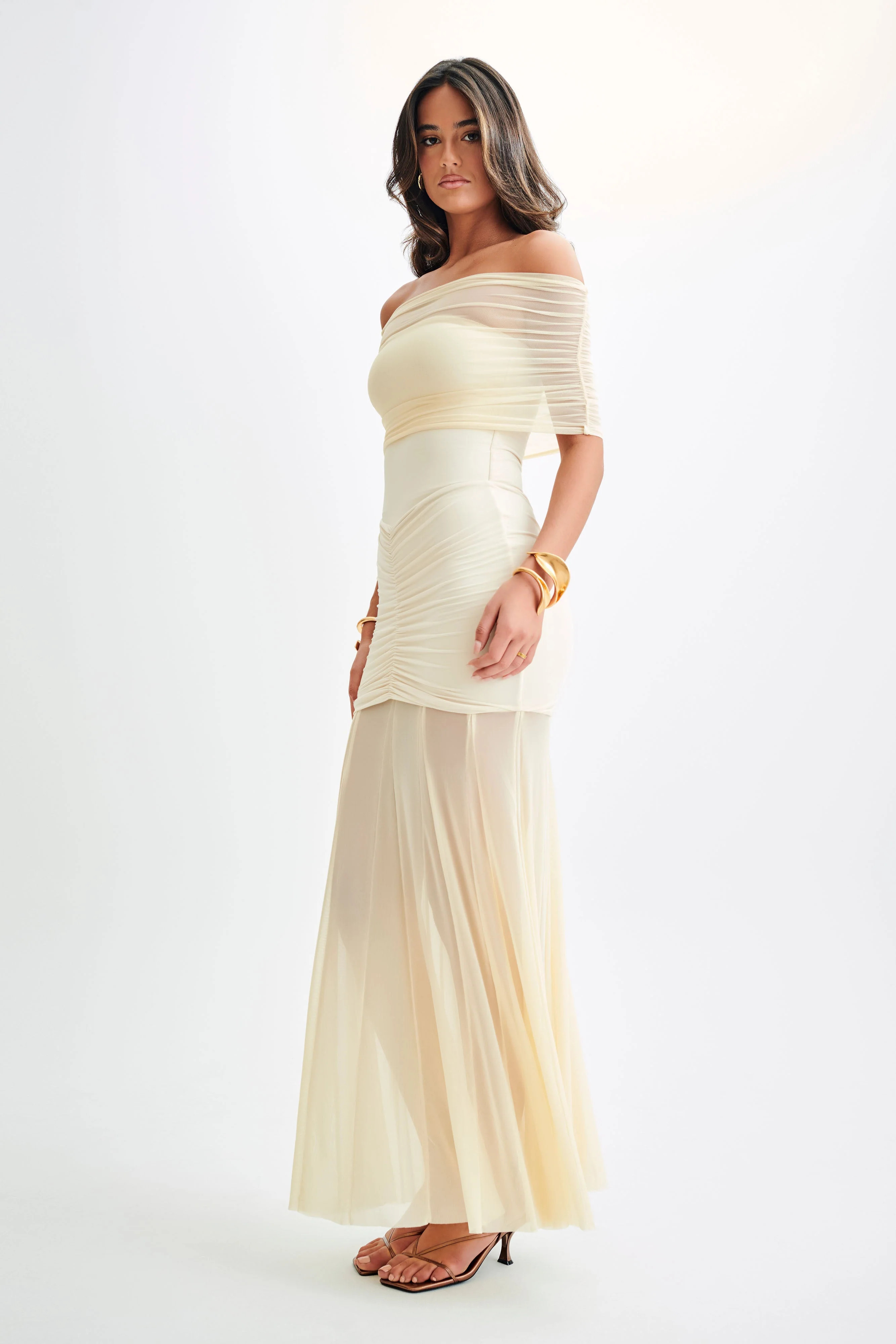 Caspian Slinky And Mesh Off Shoulder Maxi Dress - Ivory | MESHKI US