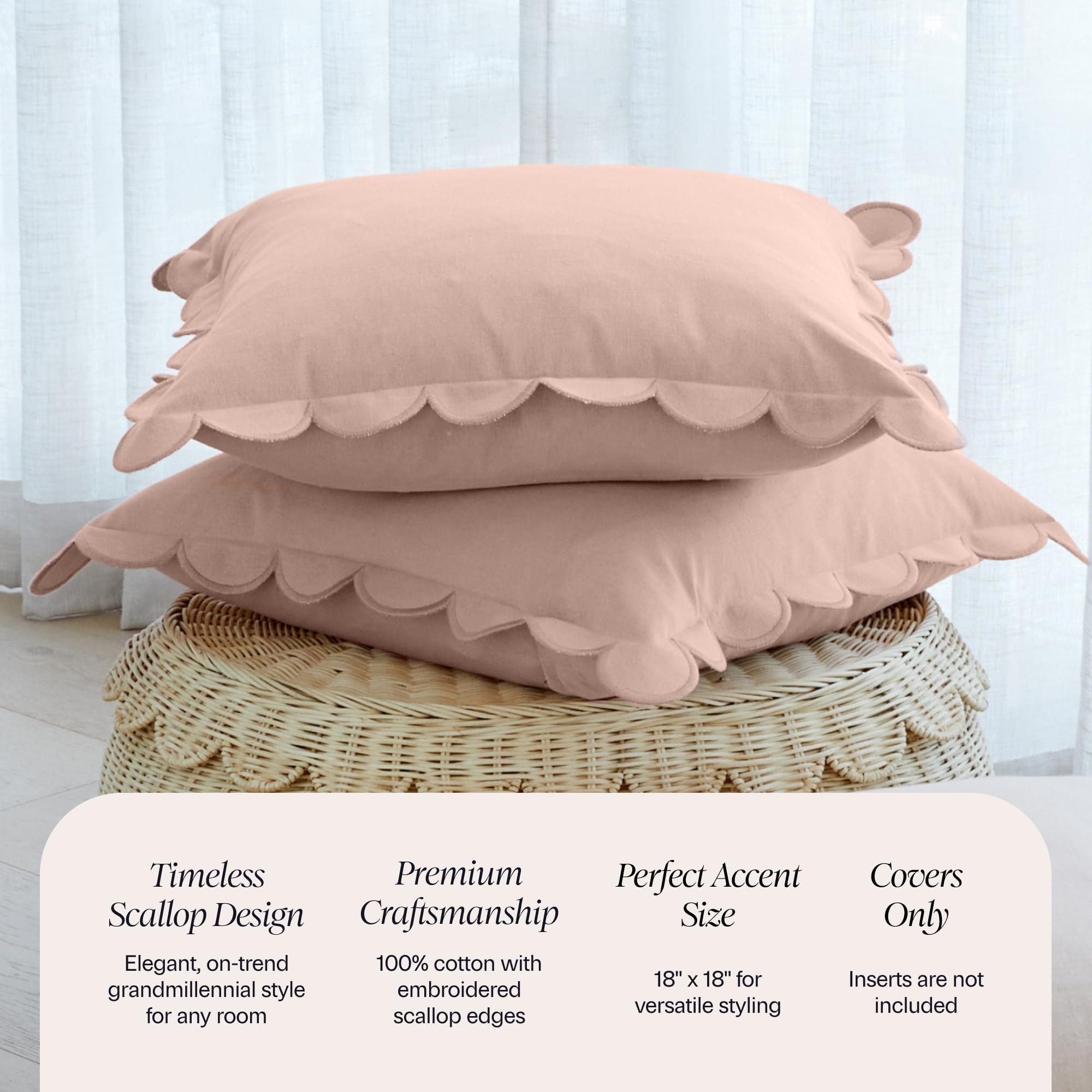 BEBE BASK Scalloped Pillow Cover - Set of 2-18 x 18 Inch - Scallop Pillow Cover - Pink Scalloped ... | Amazon (US)