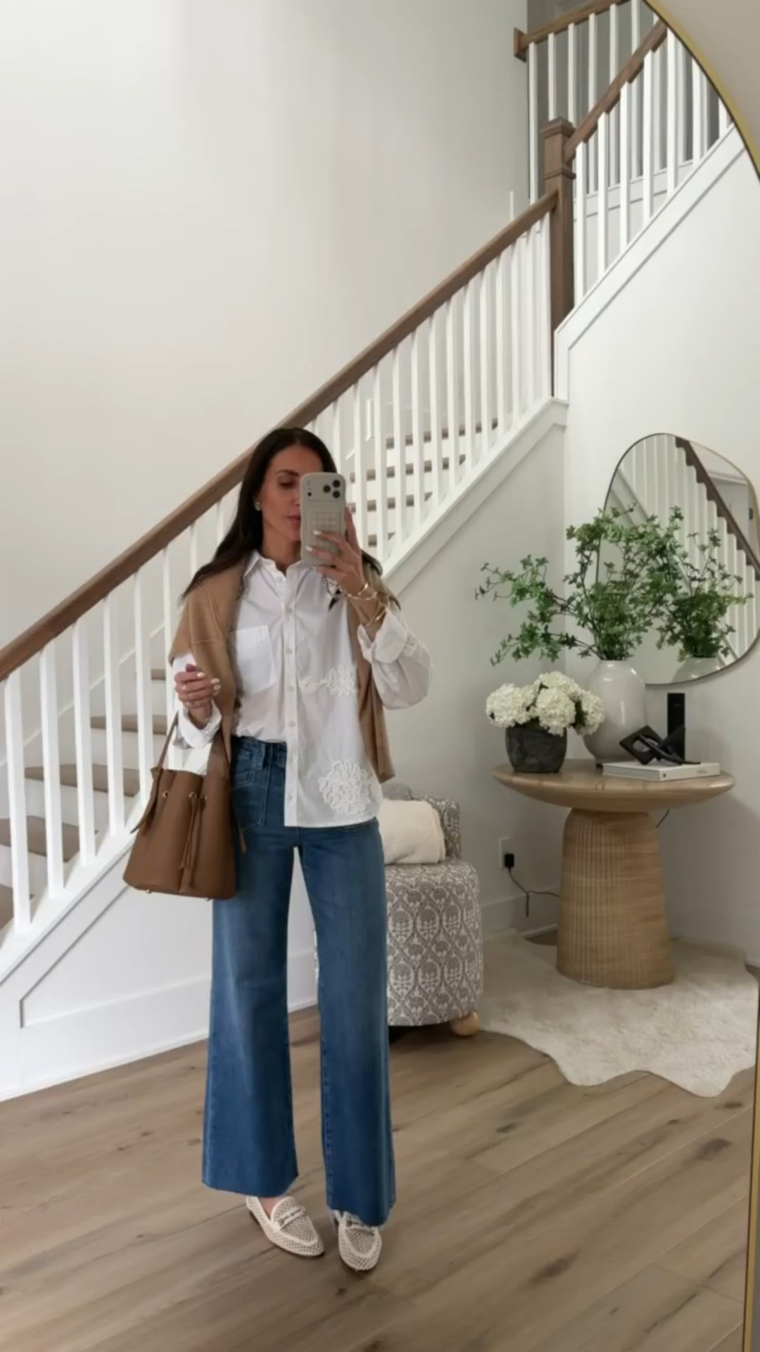 Emroidered white buttondown shirt, Paige jeans, Sam Edelman mesh loafers, brunch outfit, spring style, business casual, annabrstyle.

#LTKOver40