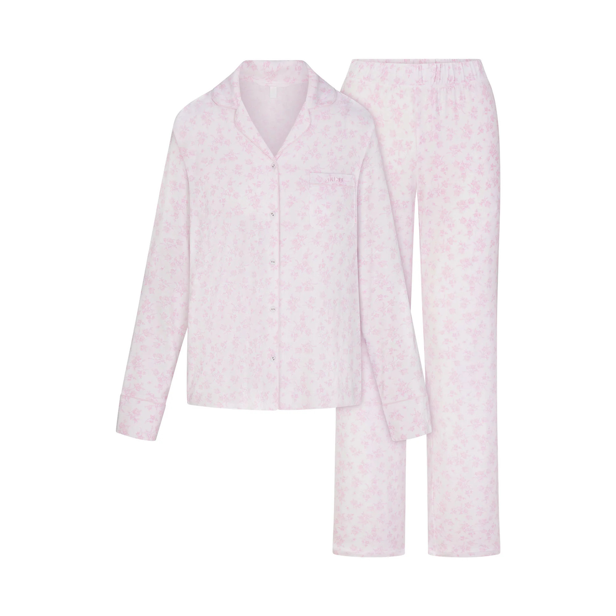 SKIMS Sleep Long Sleeve Button Up Set Snow Delicate Floral Print | White | Large | SKIMS (US)