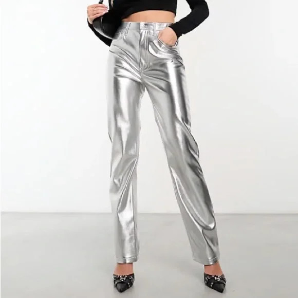 Abercrombie & Fitch metallic 90s relaxed high rise faux leather pants in silver | Poshmark