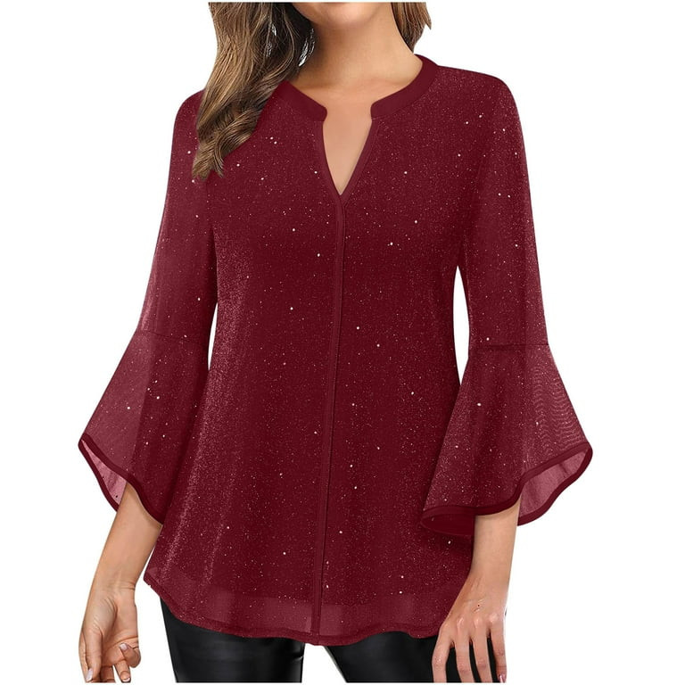 Cavosen Ladies 3/4 Sleeve Tops Glitter Sparkly Mesh Print Pullover Shirts Ruffle Sleeve V Neck Sh... | Walmart (US)